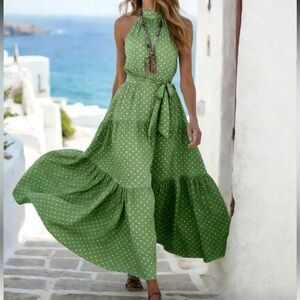 Boho Yellow Polka Dot Tiered Maxi Dress Green